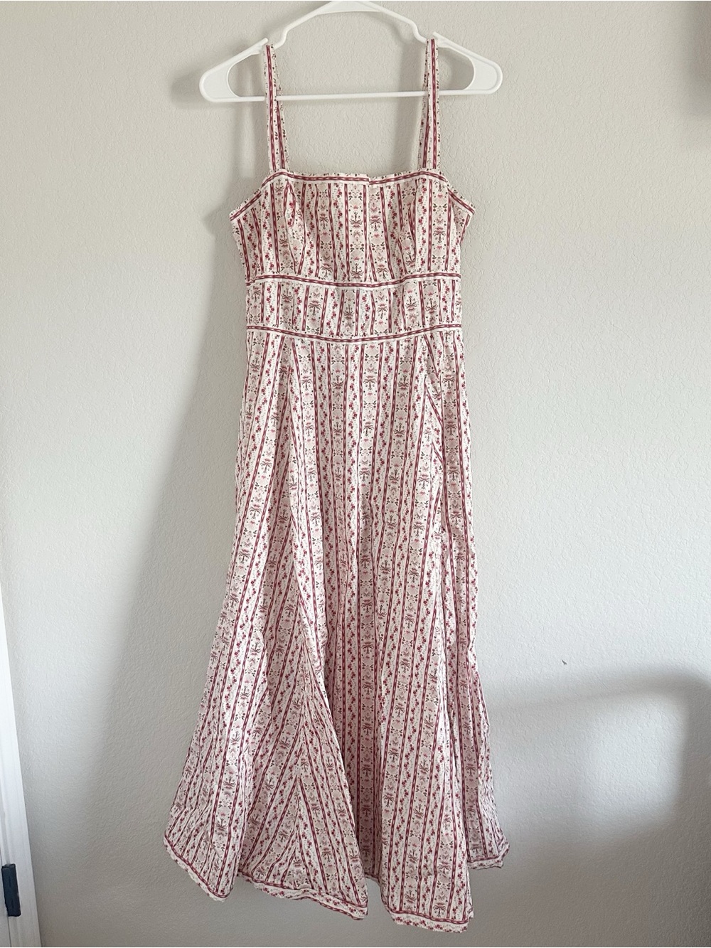 Hill House Margot Midi Dress in Emma Ikat Stripe Pockets Red White Sz L - Picture 3 of 8